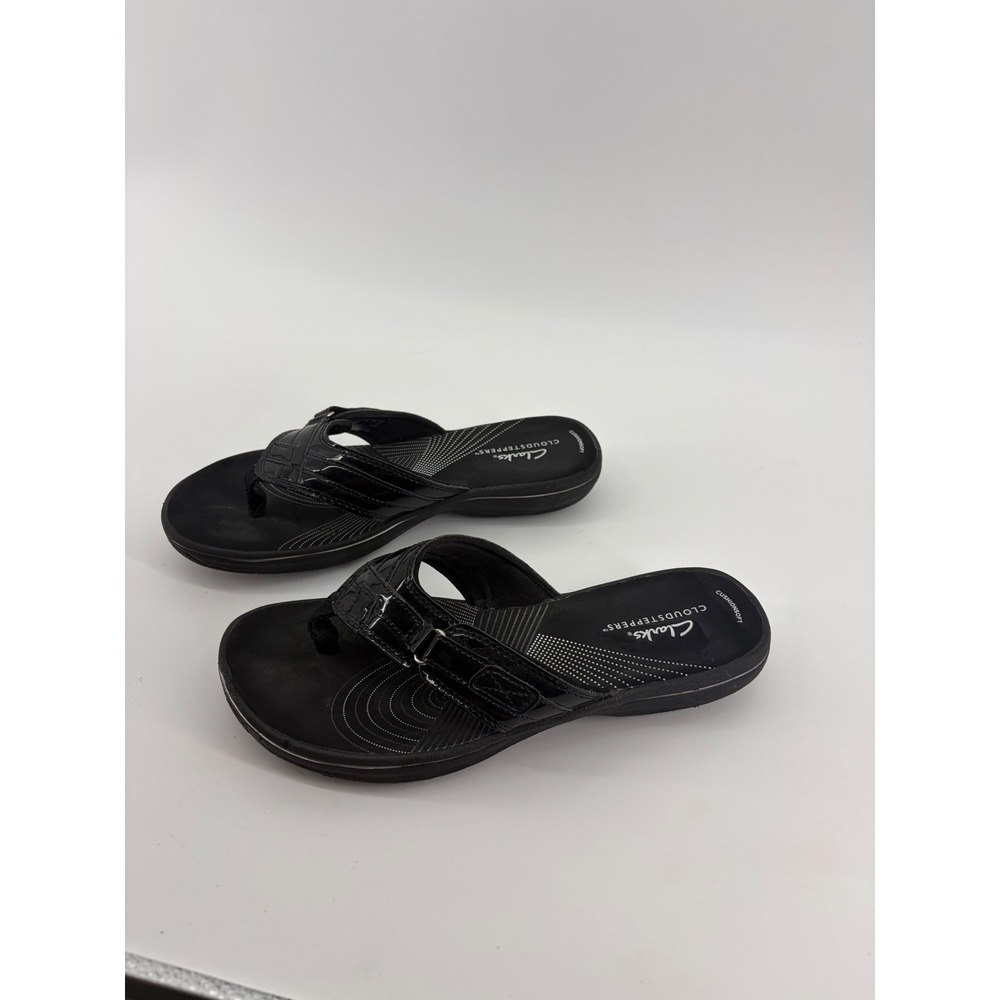 Clarks Womens 7 Black Cloudsteppers Flip Flop Sandals Patent Adjustable Strap - Picture 3 of 7